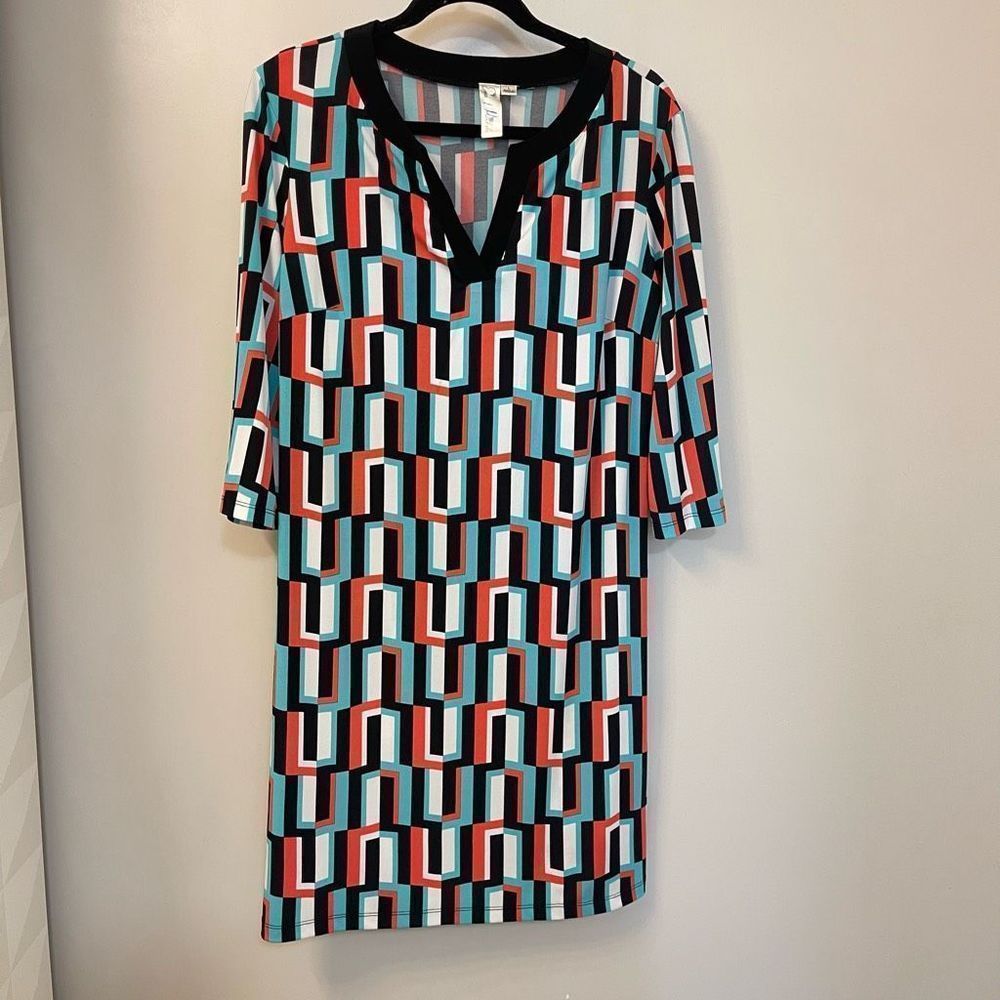 Women's Emma & Michele Geometric Design Multicolor V-neck Dress, Size Large 3/4